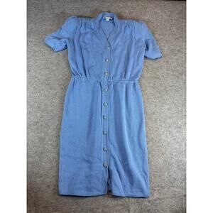 VTG St. John by Marie Gray Midi Dress Women 4 Blue Knit Pearl Button Cinched USA